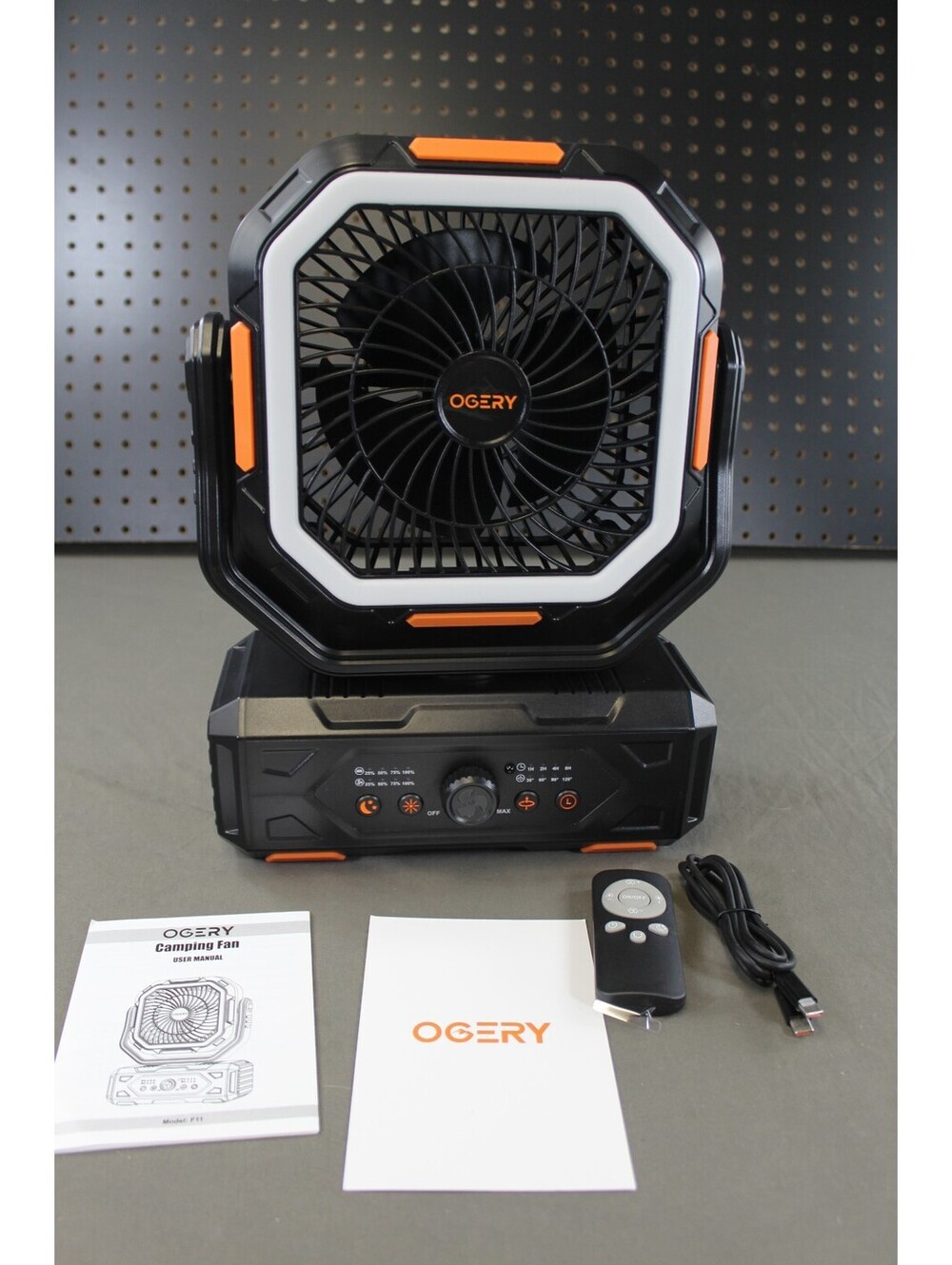 OGERY portable fan with base and remote black orange